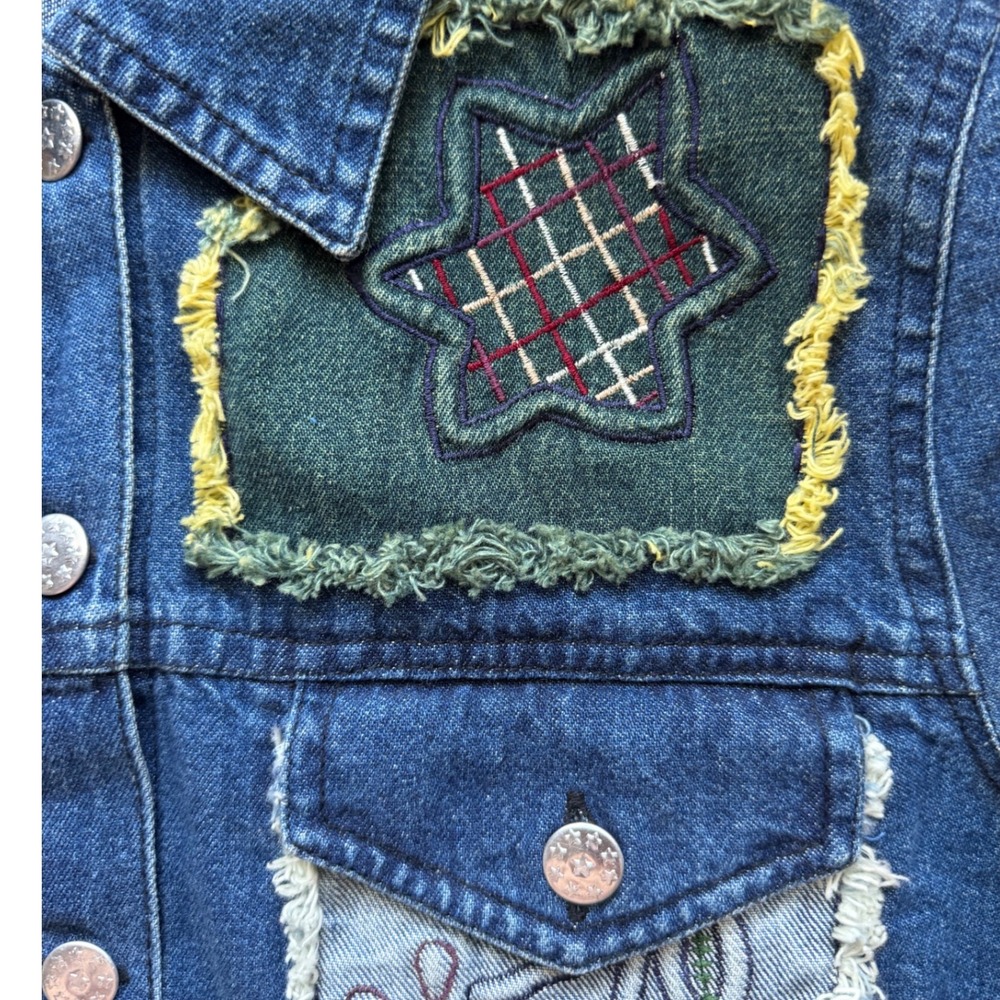 Boho Patchwork Embroidered Denim Jacket Womens L Blue Artsy Cottagecore Festival - Picture 11 of 14